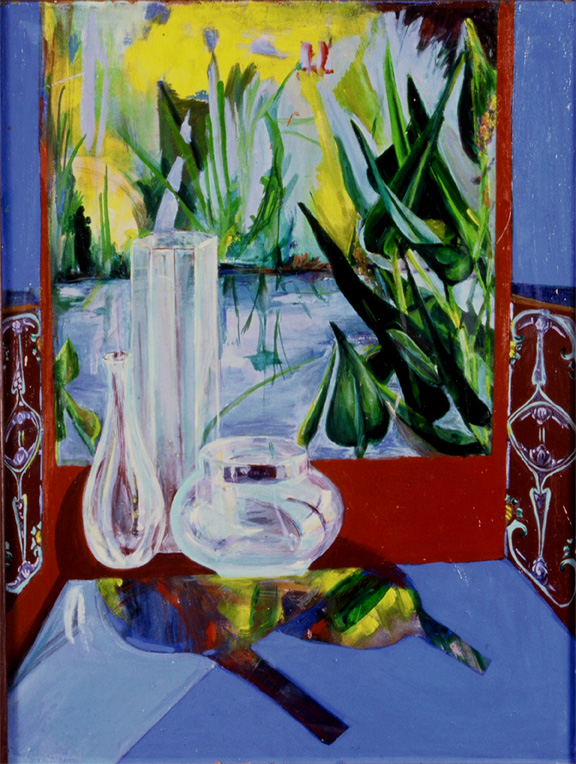 This oil still life painting has glass reflections and a view of a garden  I longed to visit.
